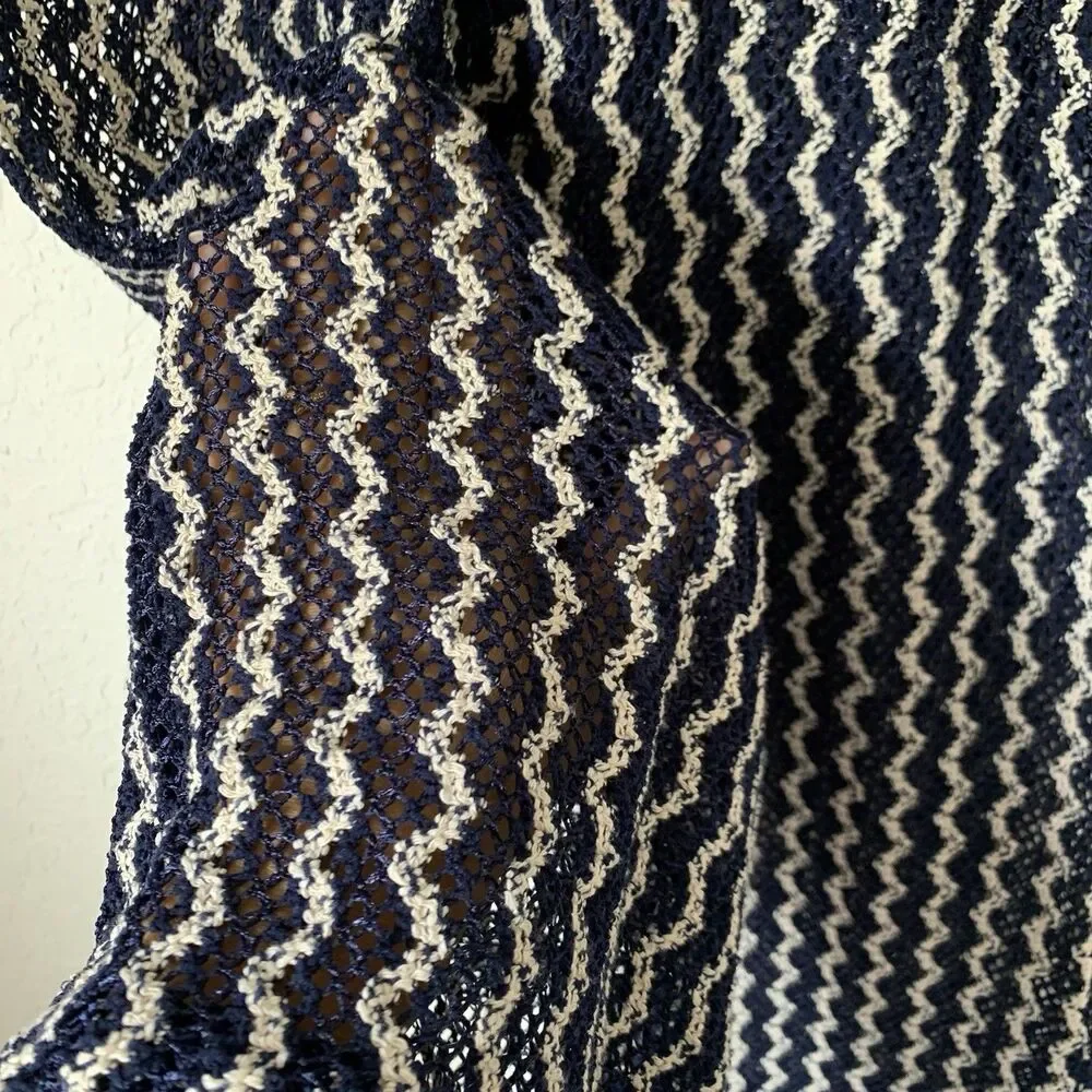 OYSHO Beach Pant XS Open Crochet Knit Navy Blue‎ Cream Stretch Sheer Flare Boho